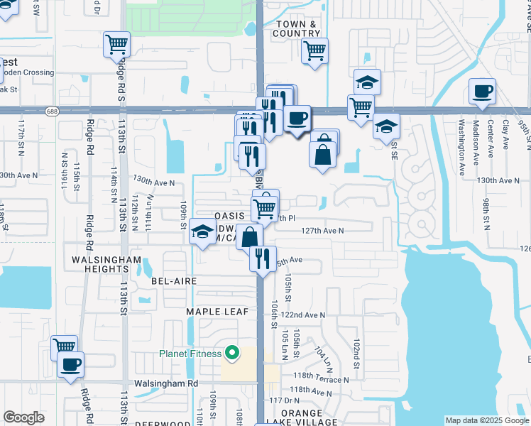 map of restaurants, bars, coffee shops, grocery stores, and more near 12775 Seminole Boulevard in Largo