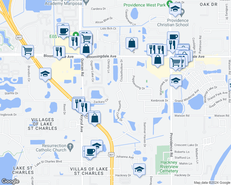map of restaurants, bars, coffee shops, grocery stores, and more near 6507 Summer Cove Drive in Riverview