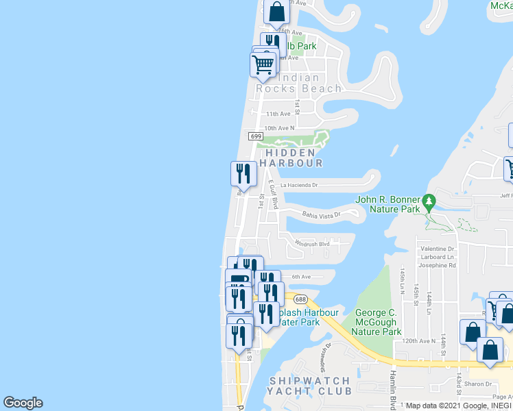 map of restaurants, bars, coffee shops, grocery stores, and more near 729 Gulf Boulevard in Indian Rocks Beach