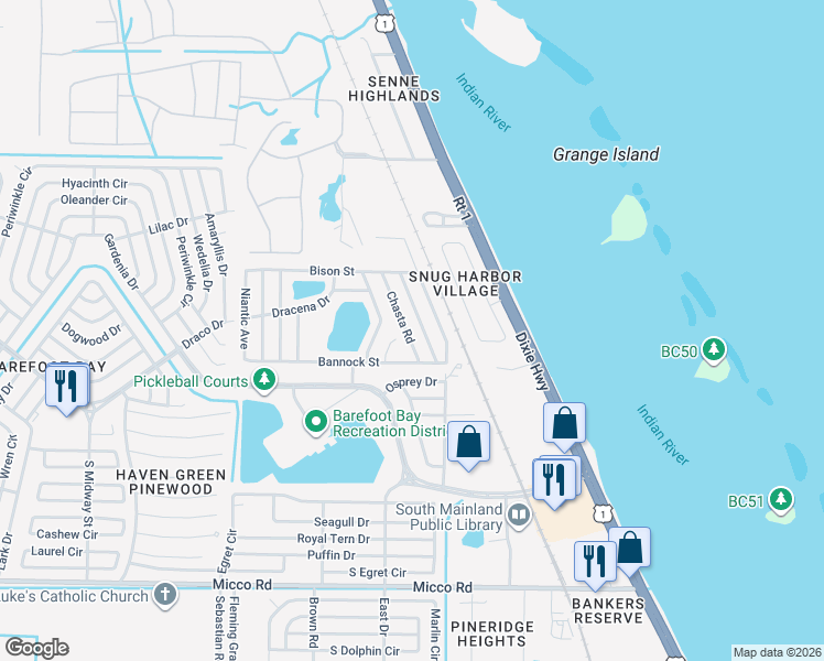 map of restaurants, bars, coffee shops, grocery stores, and more near 7597 Cedar Bark Road in Micco