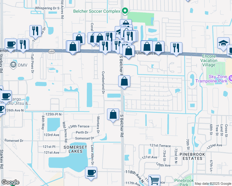 map of restaurants, bars, coffee shops, grocery stores, and more near 1802 Shadow Run Drive in Largo