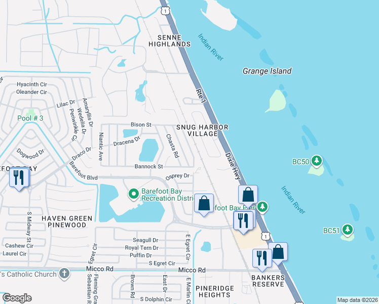 map of restaurants, bars, coffee shops, grocery stores, and more near 7597 Cedar Bark Road in Micco