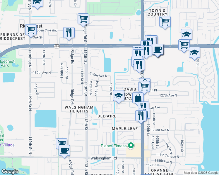 map of restaurants, bars, coffee shops, grocery stores, and more near 10910 128th Avenue North in Largo