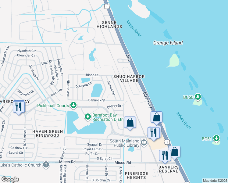 map of restaurants, bars, coffee shops, grocery stores, and more near 7597 Cedar Bark Road in Micco