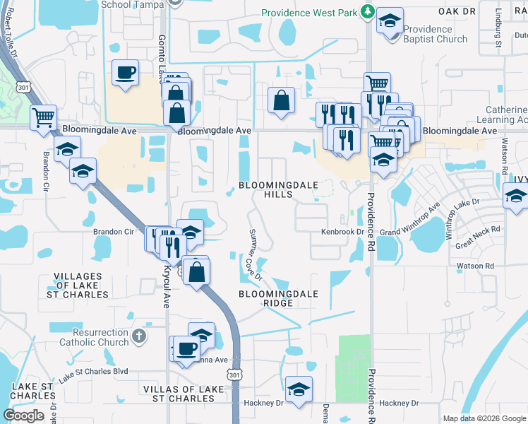 map of restaurants, bars, coffee shops, grocery stores, and more near 6222 Crickethollow Drive in Riverview