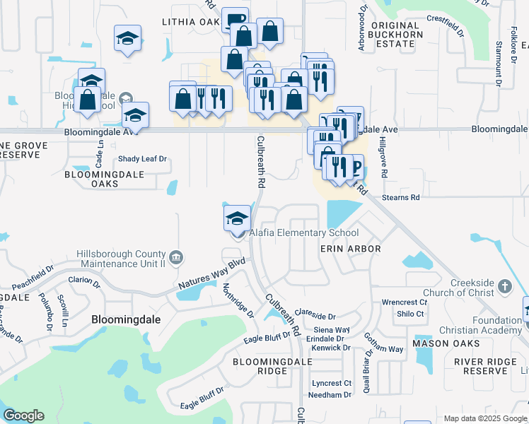 map of restaurants, bars, coffee shops, grocery stores, and more near 2003 Kiowa Lane in Valrico