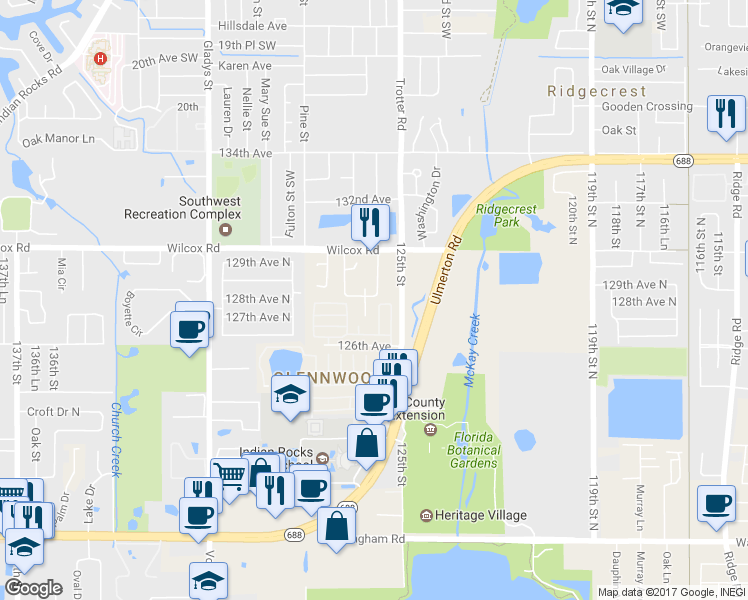 map of restaurants, bars, coffee shops, grocery stores, and more near 12588 128th Avenue in Largo