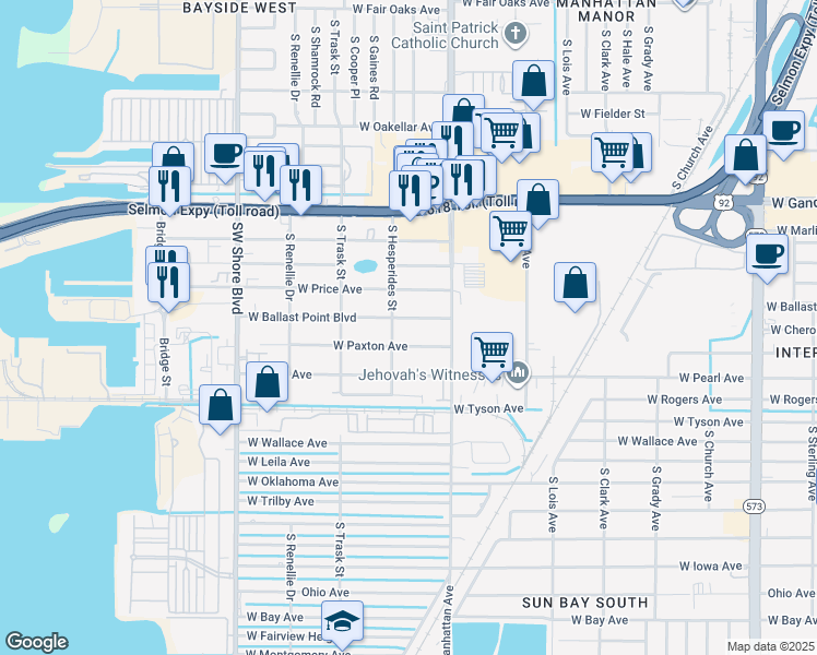 map of restaurants, bars, coffee shops, grocery stores, and more near 4410 West Ballast Point Boulevard in Tampa