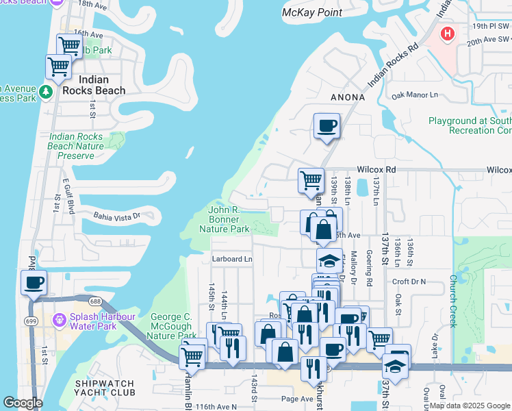 map of restaurants, bars, coffee shops, grocery stores, and more near 12760 Indian Rocks Road in Largo