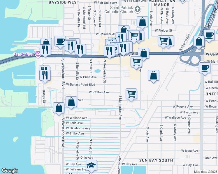 map of restaurants, bars, coffee shops, grocery stores, and more near 4410 West Ballast Point Boulevard in Tampa