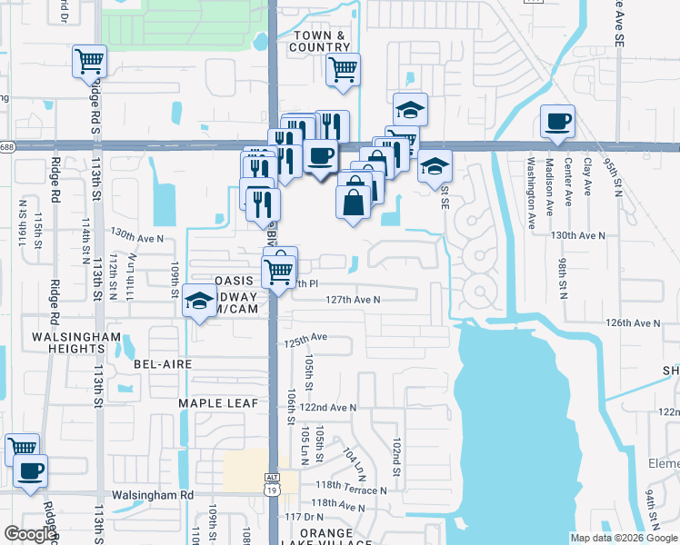 map of restaurants, bars, coffee shops, grocery stores, and more near 12925 Whittington Court in Largo