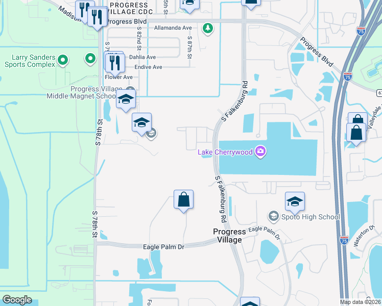 map of restaurants, bars, coffee shops, grocery stores, and more near 6332 Yellow Buckeye Drive in Riverview