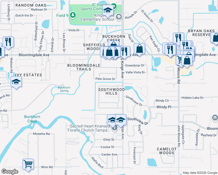 map of restaurants, bars, coffee shops, grocery stores, and more near 3618 Coppertree Circle in Brandon