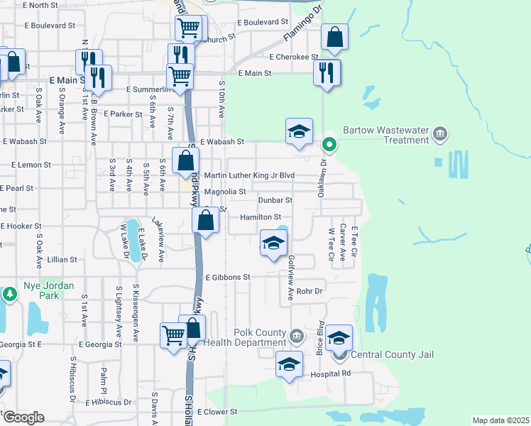 map of restaurants, bars, coffee shops, grocery stores, and more near 1960 Hamilton Street in Bartow