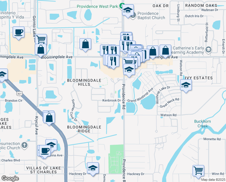 map of restaurants, bars, coffee shops, grocery stores, and more near 6217 Watermark Drive in Riverview