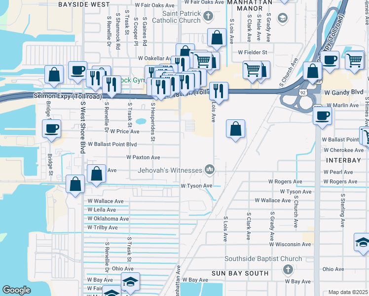 map of restaurants, bars, coffee shops, grocery stores, and more near 5110 South Manhattan Avenue in Tampa