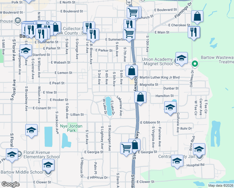 map of restaurants, bars, coffee shops, grocery stores, and more near 880 Lakeview Avenue in Bartow
