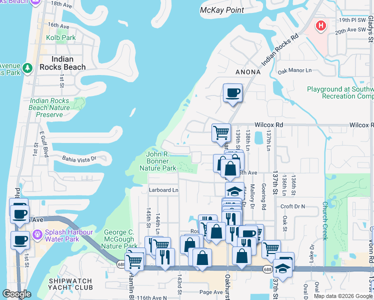 map of restaurants, bars, coffee shops, grocery stores, and more near 12760 Indian Rocks Road in Largo