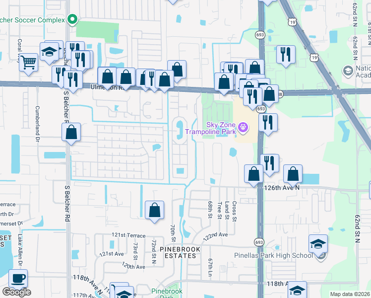 map of restaurants, bars, coffee shops, grocery stores, and more near 2154 Lake Drive in Largo