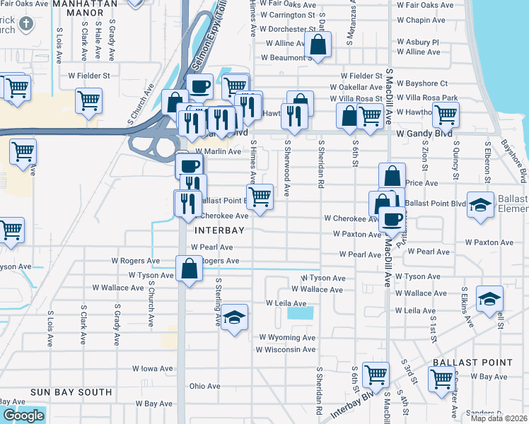 map of restaurants, bars, coffee shops, grocery stores, and more near 3413 West Cherokee Avenue in Tampa