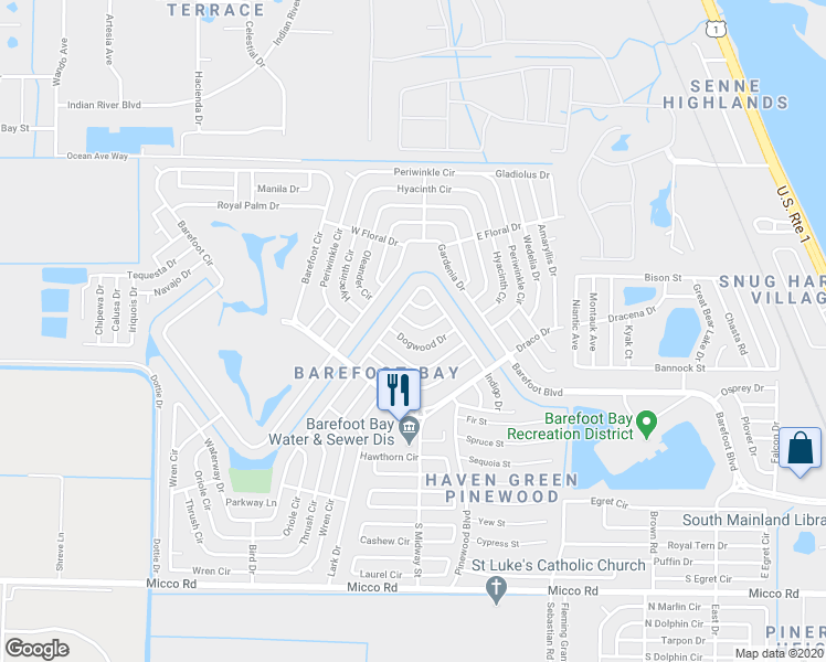 map of restaurants, bars, coffee shops, grocery stores, and more near 917 Redbud Road in Sebastian