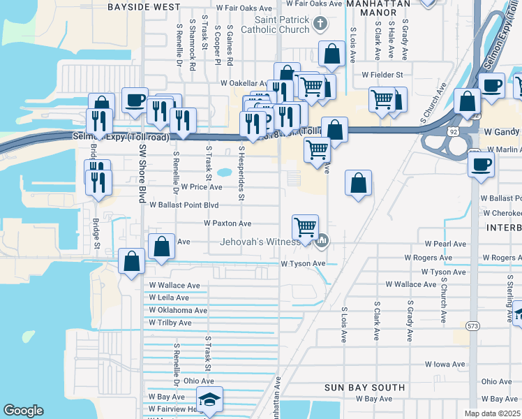 map of restaurants, bars, coffee shops, grocery stores, and more near 4410 West Ballast Point Boulevard in Tampa