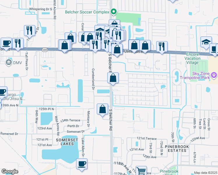 map of restaurants, bars, coffee shops, grocery stores, and more near 1802 Shadow Run Drive in Largo