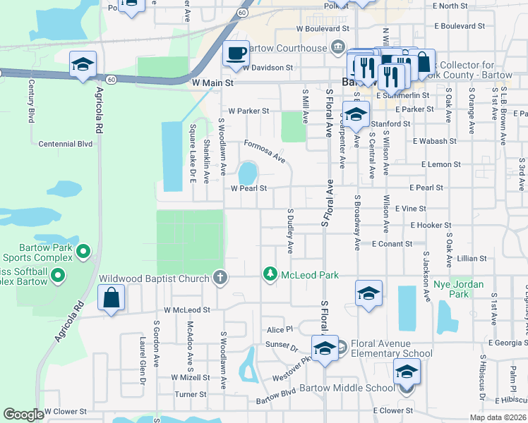 map of restaurants, bars, coffee shops, grocery stores, and more near 795 West Vine Street in Bartow