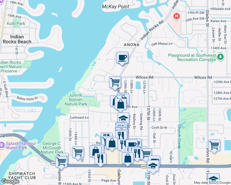 map of restaurants, bars, coffee shops, grocery stores, and more near 12788 Indian Rocks Road in Largo
