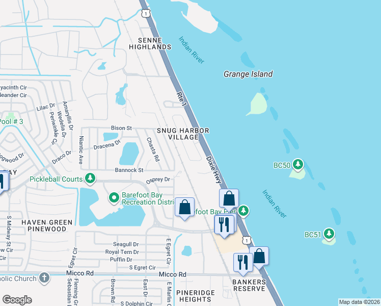 map of restaurants, bars, coffee shops, grocery stores, and more near 7620 Blackhawk Road in Sebastian