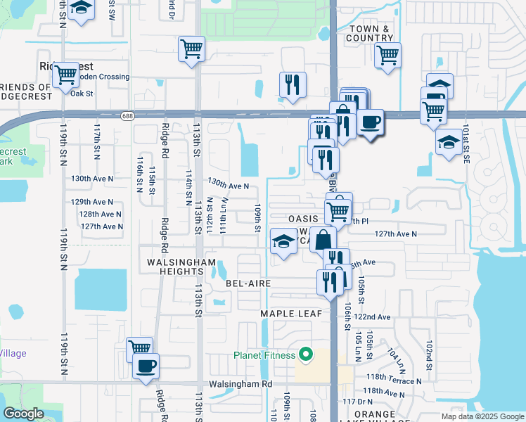 map of restaurants, bars, coffee shops, grocery stores, and more near 12843 109th Street in Largo
