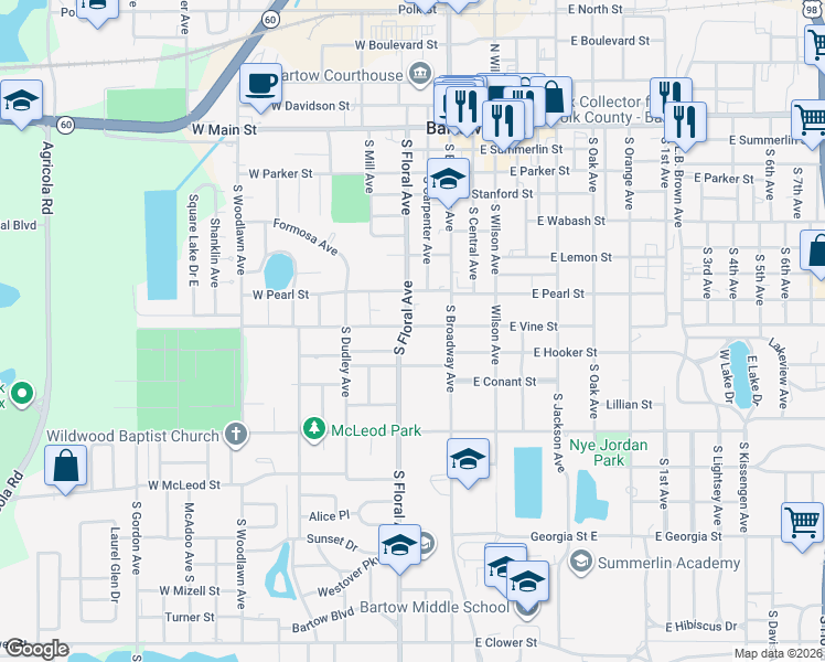 map of restaurants, bars, coffee shops, grocery stores, and more near 235b West Vine Street in Bartow