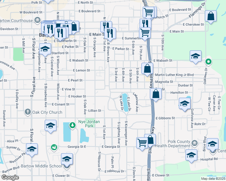 map of restaurants, bars, coffee shops, grocery stores, and more near 910 Seminole Trail in Bartow