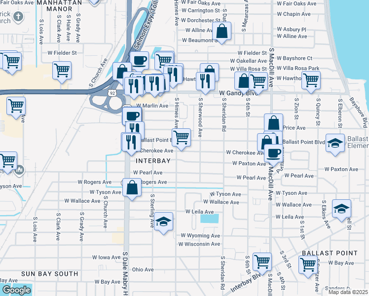 map of restaurants, bars, coffee shops, grocery stores, and more near 3413 West Cherokee Avenue in Tampa