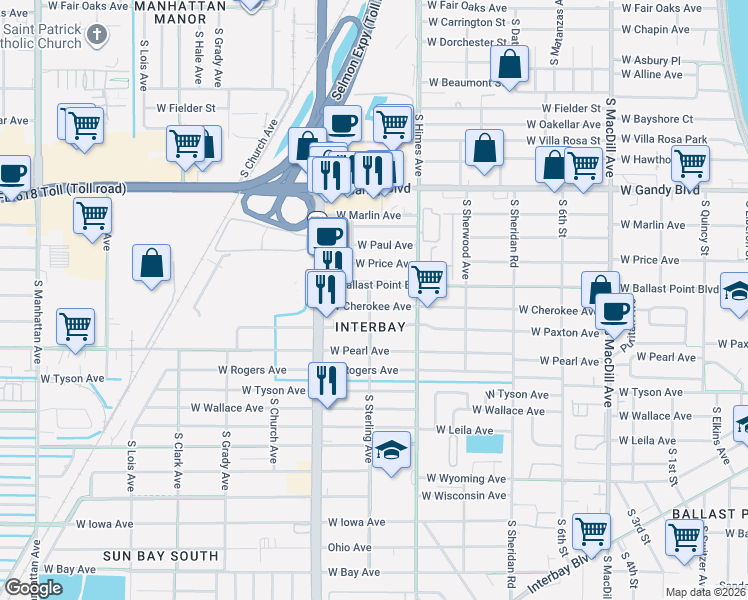 map of restaurants, bars, coffee shops, grocery stores, and more near 3600 West Ballast Point Boulevard in Tampa