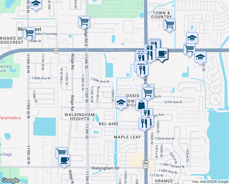 map of restaurants, bars, coffee shops, grocery stores, and more near 12843 109th Street in Largo