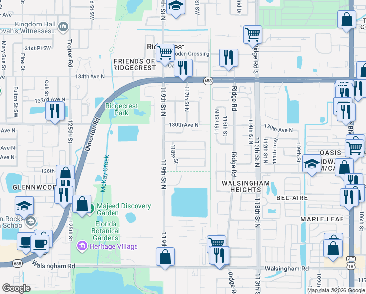 map of restaurants, bars, coffee shops, grocery stores, and more near 11781 128th Avenue in Largo