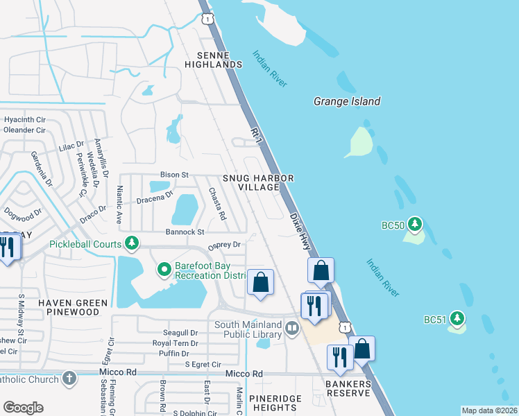 map of restaurants, bars, coffee shops, grocery stores, and more near 7620 Blackhawk Road in Sebastian