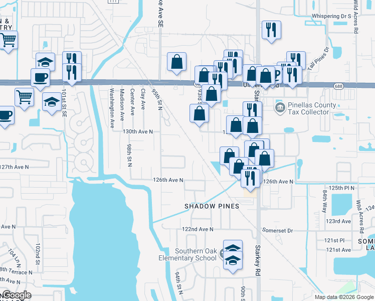 map of restaurants, bars, coffee shops, grocery stores, and more near 9341 128 Avenue North in Largo