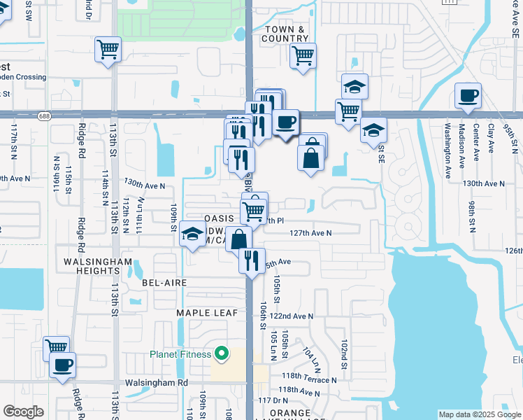 map of restaurants, bars, coffee shops, grocery stores, and more near 12711 Whittington Court in Largo