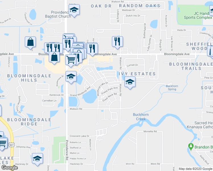 map of restaurants, bars, coffee shops, grocery stores, and more near 11239 Winthrop Lake Drive in Riverview