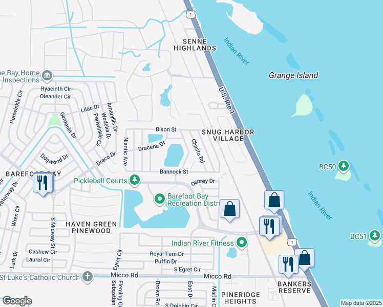 map of restaurants, bars, coffee shops, grocery stores, and more near 7651 Great Bear Lake Drive in Micco