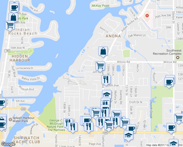 map of restaurants, bars, coffee shops, grocery stores, and more near 18 Jeff Road in Largo