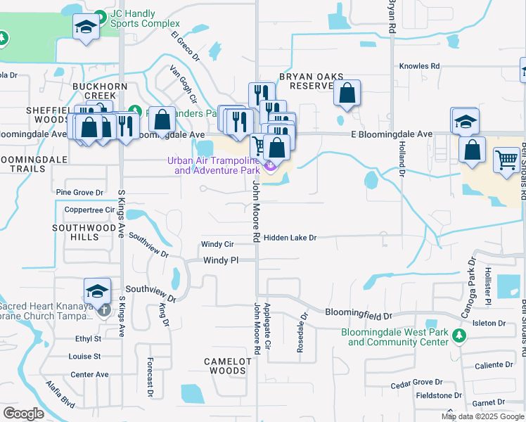 map of restaurants, bars, coffee shops, grocery stores, and more near 3532 John Moore Road in Brandon