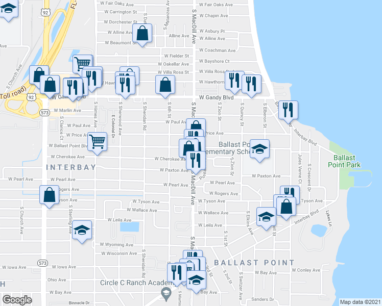 map of restaurants, bars, coffee shops, grocery stores, and more near 5201 South MacDill Avenue in Tampa