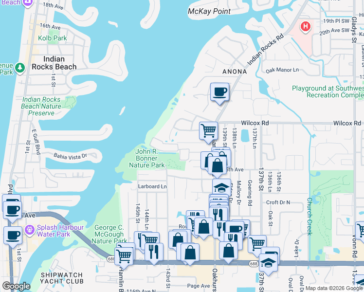 map of restaurants, bars, coffee shops, grocery stores, and more near 12760 Indian Rocks Road in Largo