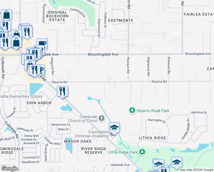map of restaurants, bars, coffee shops, grocery stores, and more near 3005 Stearns Road in Valrico