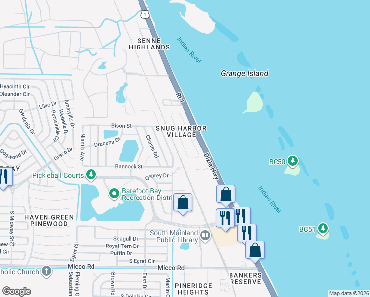 map of restaurants, bars, coffee shops, grocery stores, and more near 7620 Blackhawk Road in Sebastian