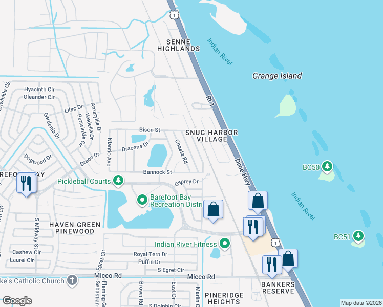 map of restaurants, bars, coffee shops, grocery stores, and more near 7597 Cedar Bark Road in Micco