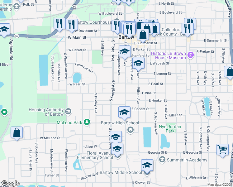 map of restaurants, bars, coffee shops, grocery stores, and more near 235b West Vine Street in Bartow